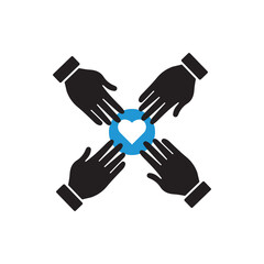 Team work. Team hands together icon with heart sign, favorite, like, love, care symbol