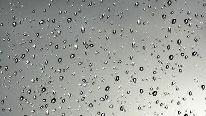 A monochrome rain splattered window, rain drops droplets on glass