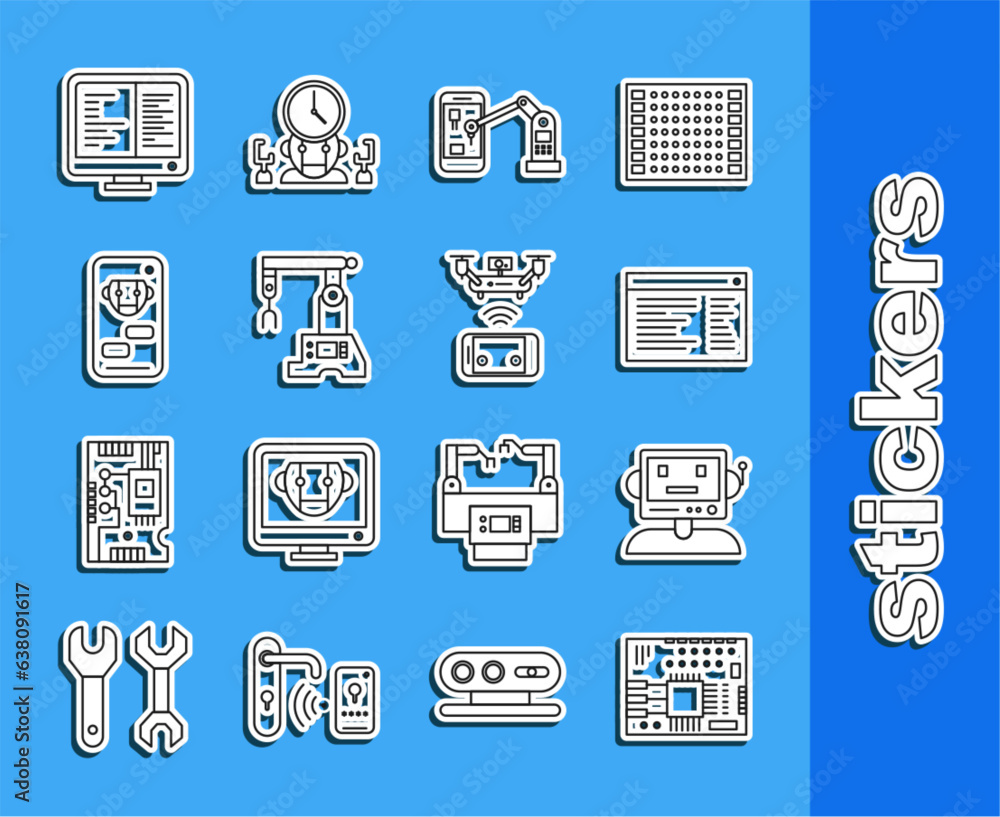Poster set line printed circuit board pcb, web developer programming code, industrial machine robotic robot