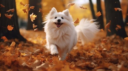 Fototapeta premium White fluffy dog, running in the forest among the falling autumn leaves, happy and waggling, generative ai.