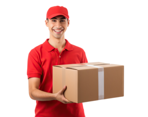 Happy delivery man with parcel, cut out