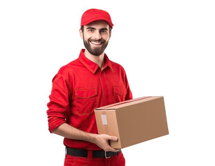 Happy delivery man with parcel, cut out - obrazy, fototapety, plakaty