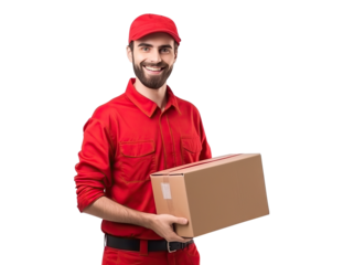 Happy delivery man with parcel, cut out