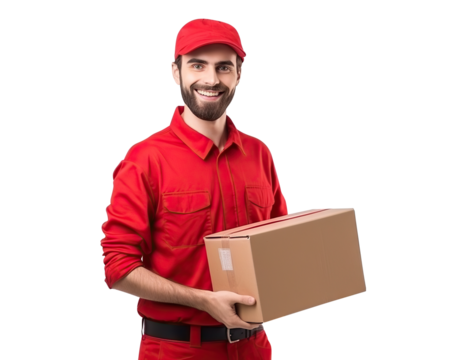 Happy delivery man with parcel, cut out