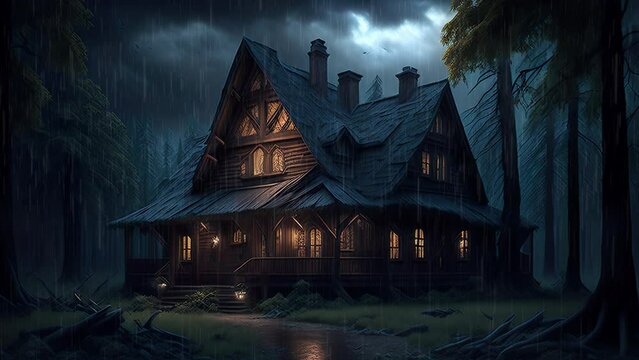 Cozy cabin in the woods. Rain falling and lantern glowing at nighttime. Meditation rest, deep sleep relax concentration study atmosphere.