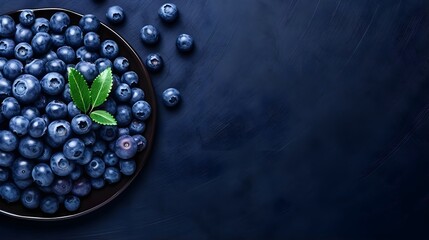Blueberries in a bowl. Minimal dark blue background with copy space.