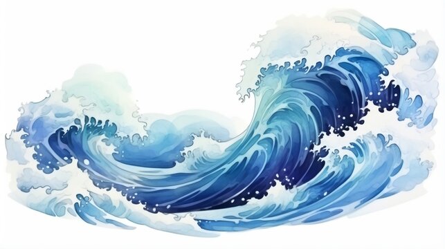 Watercolor Japanese blue waves, Japanese blue ocean art. Illustration of ocean blue waves in white background