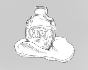 cartoon rum bottle casual style black and white sketch
