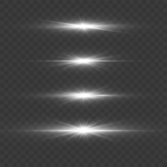 Set of silver horizontal lens flares, laser beams. Luminous abstract sparkling lines. White glowing star light explodes.
