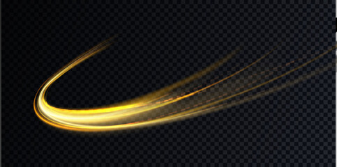 Luminous gold wavy line of light on a transparent background. Gold light