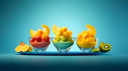 Fruit salad in a glass bowl on a blue background. Panorama