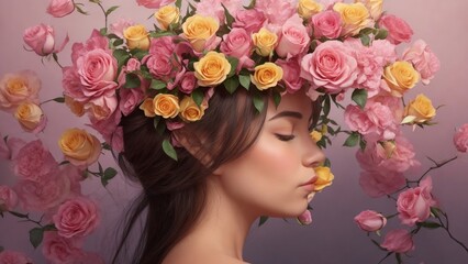 Obraz na płótnie Canvas Mental health concept, woman with flowers on her head, self care, peace of mind, Generative AI