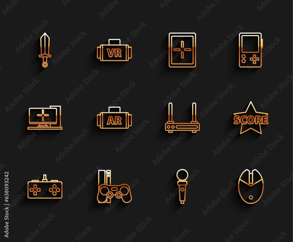 Poster set line gamepad, console with joystick, sword for game, joystick arcade machine, computer mouse gam