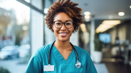 Cute african american medical nurse wearing blue uniform and smiling. Generative AI - obrazy, fototapety, plakaty