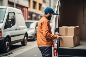Man unloading boxes from a delivery van in an urban area. 
