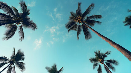 up view of large palm trees in the sky - obrazy, fototapety, plakaty