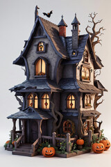 3d halloween witch house on white background