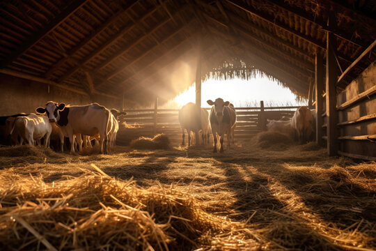 large village cowshed, cows standing inside cowshed illuminated morning sun, lot clean hay