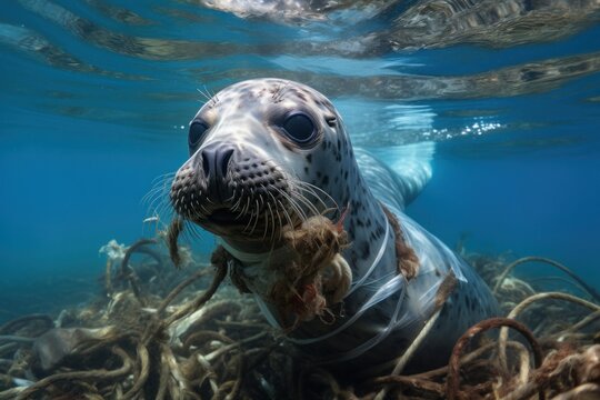 A sea seal swims underwater, there is garbage and remnants of fishing nets on the seabed, the animal is entangled in nets
