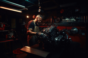 Fototapeta na wymiar auto mechanic repairs an automobile unit, gearbox, generator, ca