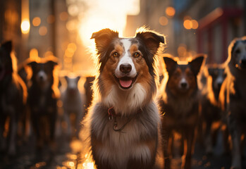 Large group of dogs walking in city