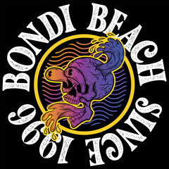 Illustration Bondi Beach Since 1996 Surf team, with Skull and big eyes tattoo Hair waves and Cool background. Fashion style