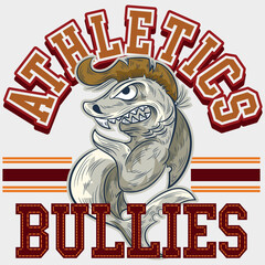 Illustration athletics Bullies College, Shark mascot with punk style, varsity design, sports fashion design.