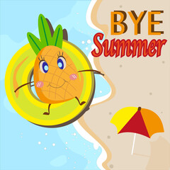 A Pineapple-character on a rubber ring in the sea against the backdrop of a beach with 