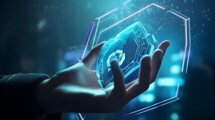Digital Defense: Hand Holding Holographic Internet Security Shield Illustration – Modern Cyber Protection Concept Emphasizing Online Safety, Data Privacy, and Virtual Threat Prevention in Cyberspace