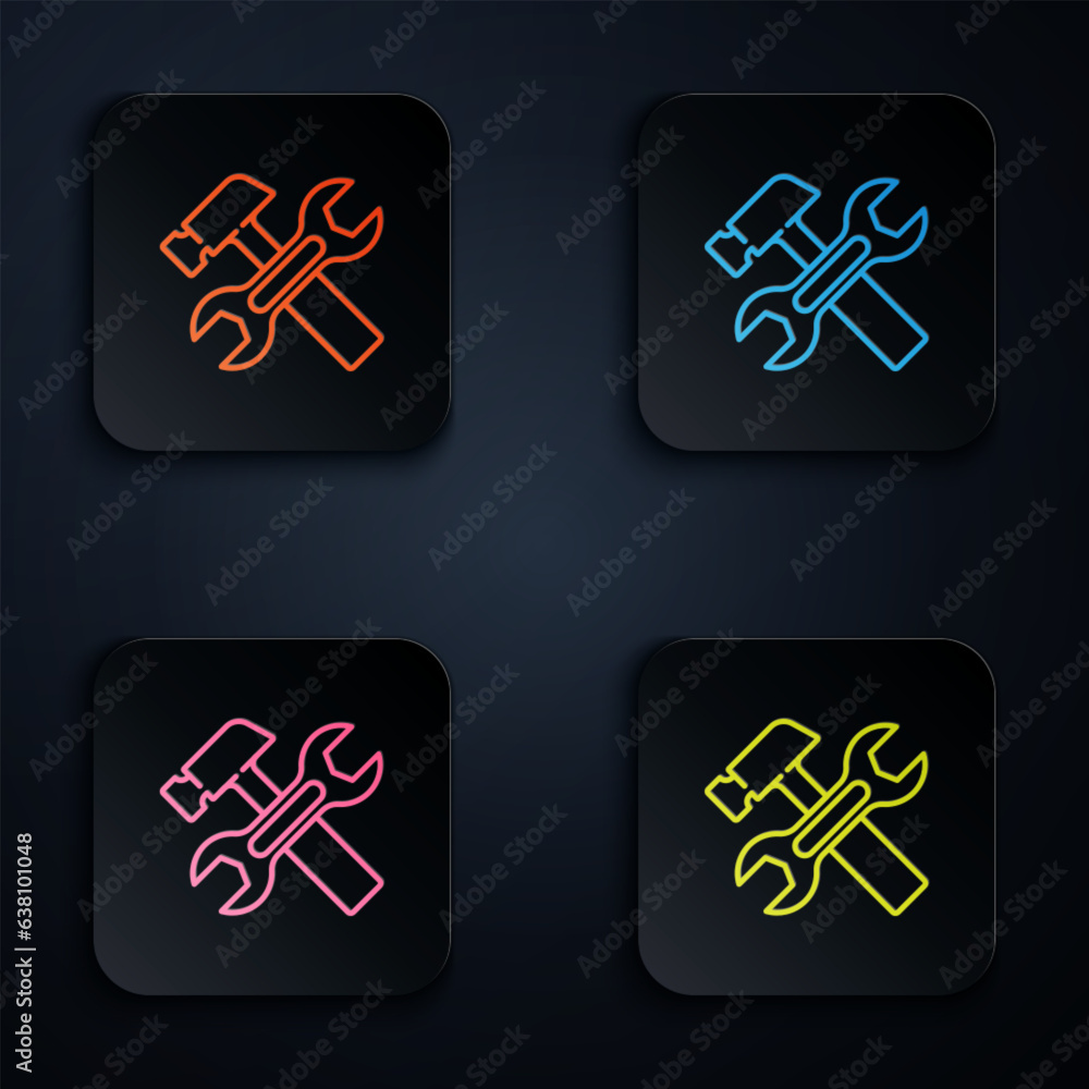 Poster color neon line crossed hammer and wrench spanner icon isolated on black background. hardware tools.
