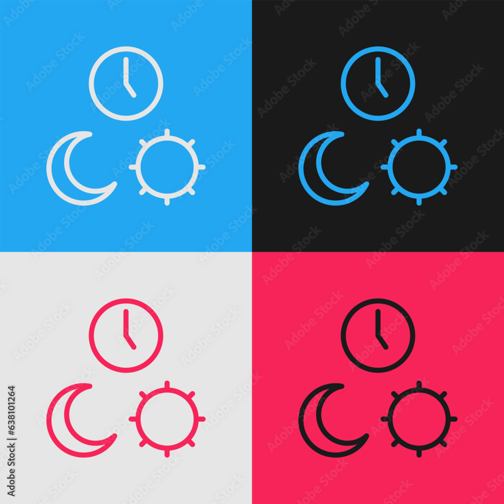 Poster pop art line day and night with time icon isolated on color background. vector