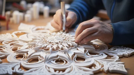 Fotobehang A close-up of hands crafting a delicate snowflake from paper, surrounded by an array of intricately cut designs.   © Kateryna Arkhypova