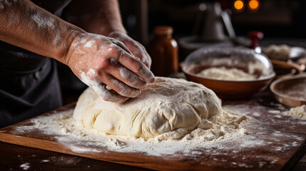 Fototapeta premium A close-up of hands rolling out dough to create flaky pie crust for a mouthwatering holiday dessert. 