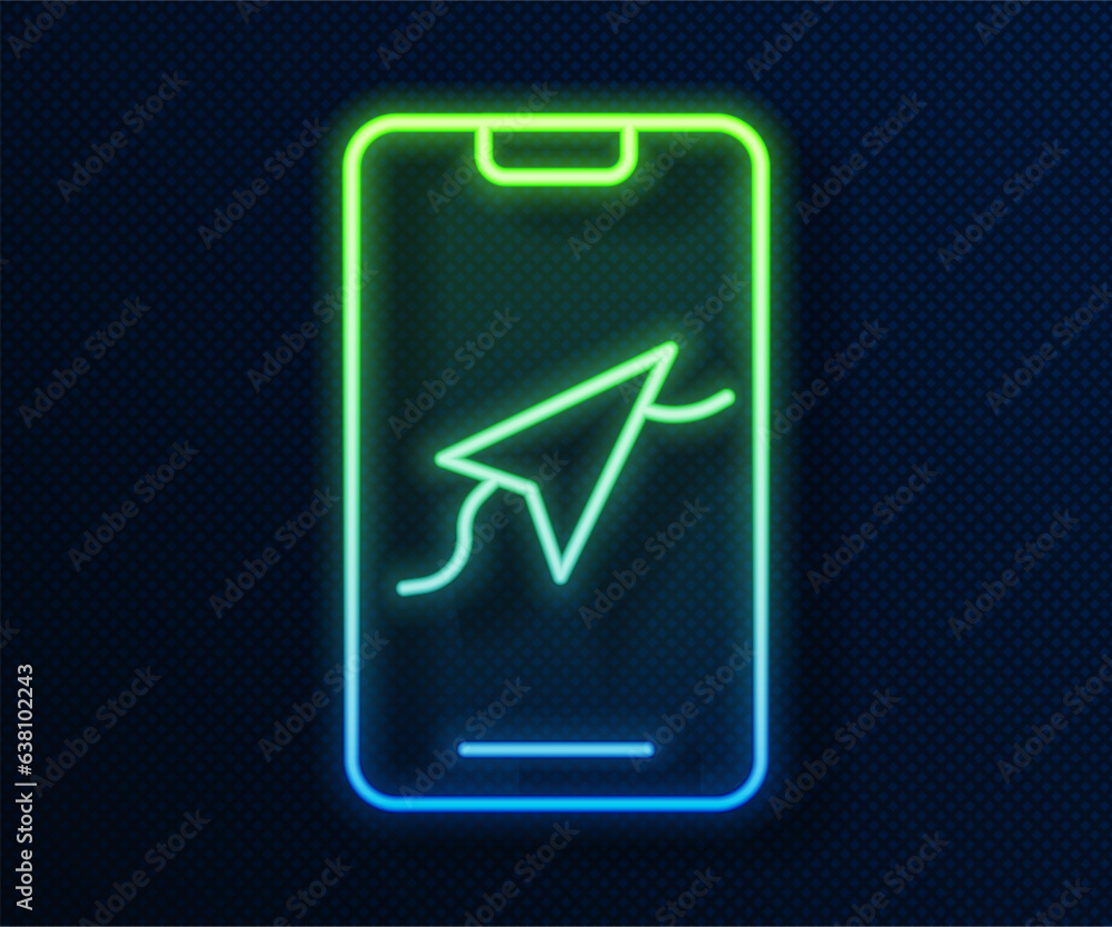 Wall mural glowing neon line infographic of city map navigation icon isolated on blue background. mobile app in