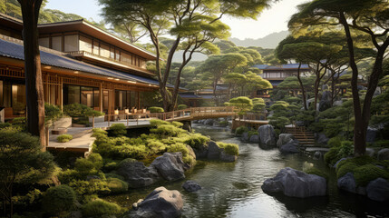 3D render, Exterior design concept, Japanese Resort by the Natural background, Retreat and Relax Space. travel and vacation background
