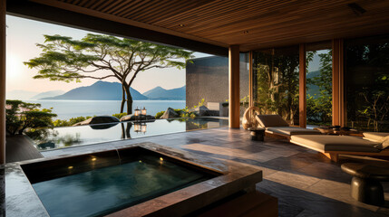Fototapeta premium 3D render interior design concept, Tranquil Japanese Resort by the Lake Natural background: A Serene Retreat and Relax with private Onsen space. travel and vacation background