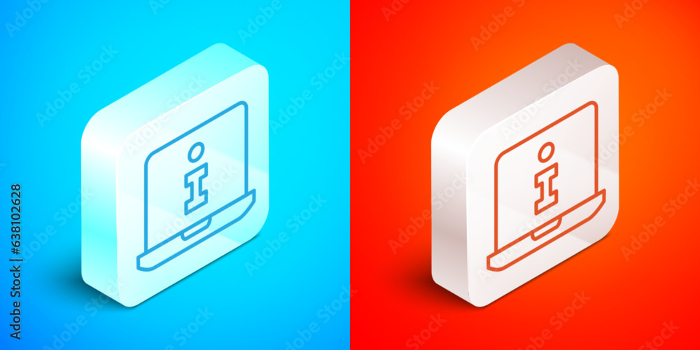 Sticker Isometric line Information icon isolated on blue and red background. Silver square button. Vector