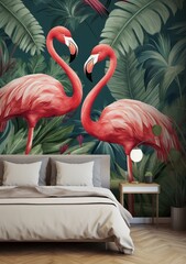 A cozy and vibrant bedroom featuring a comfortable bed and a captivating wall mural of cheerful flamingos, creating an animal-inspired atmosphere that brings the outdoors inside