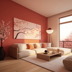 A cozy den featuring a loveseat sofa with cushions, a vase on the wall, a floor lampshade, and wallpaper that bring warmth and style to the room