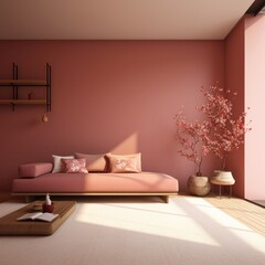 A cozy, inviting living room radiates with warm pink walls, plush furniture, and bright accents, creating a tranquil atmosphere perfect for relaxation