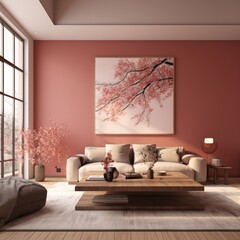 A cozy den with a warmly colored couch, inviting pillows, and rustic furniture set against a tasteful wall design provides a peaceful atmosphere to relax and unwind