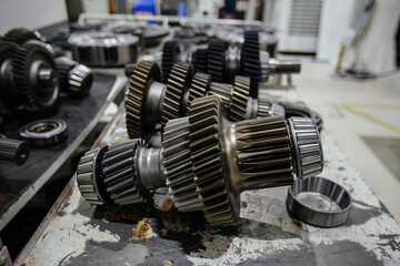 Part of car gearbox. Gears of gearshift transmission, close up