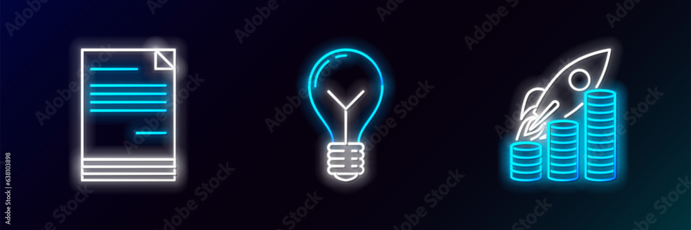Poster set line rocket flying up on coins growth chart, document and light bulb with concept of idea icon. 