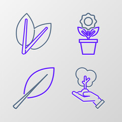 Set line Tree in hand of environmental protection, Leaf, Flower pot and Leafs icon. Vector