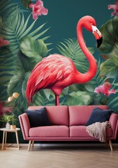 A cozy pink couch provides a whimsical contrast with the vibrant pink flamingo perched atop it, creating a playful yet calming atmosphere