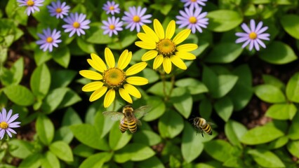 Small yellow bright summer flowers and bee on a background of blue and green foliage in a fairy garden.