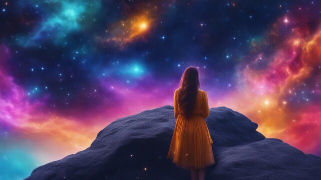 Abstract dream. A girl in an orange dress stands by a cliff with her back to the camera and looks at the night rainbow sky with stars