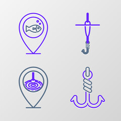 Set line Fishing hook, Location fishing, and float and icon. Vector