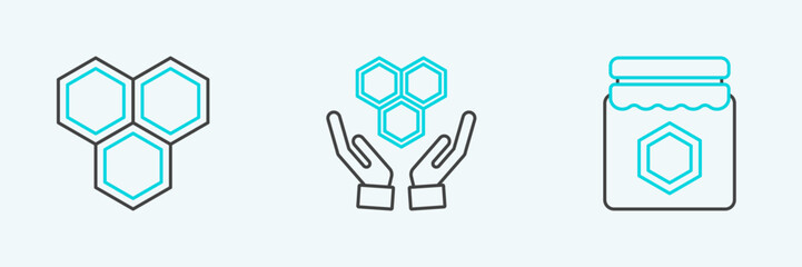 Set line Jar of honey, Honeycomb and and hands icon. Vector