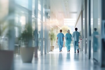 Three people walking down hallway in hospital